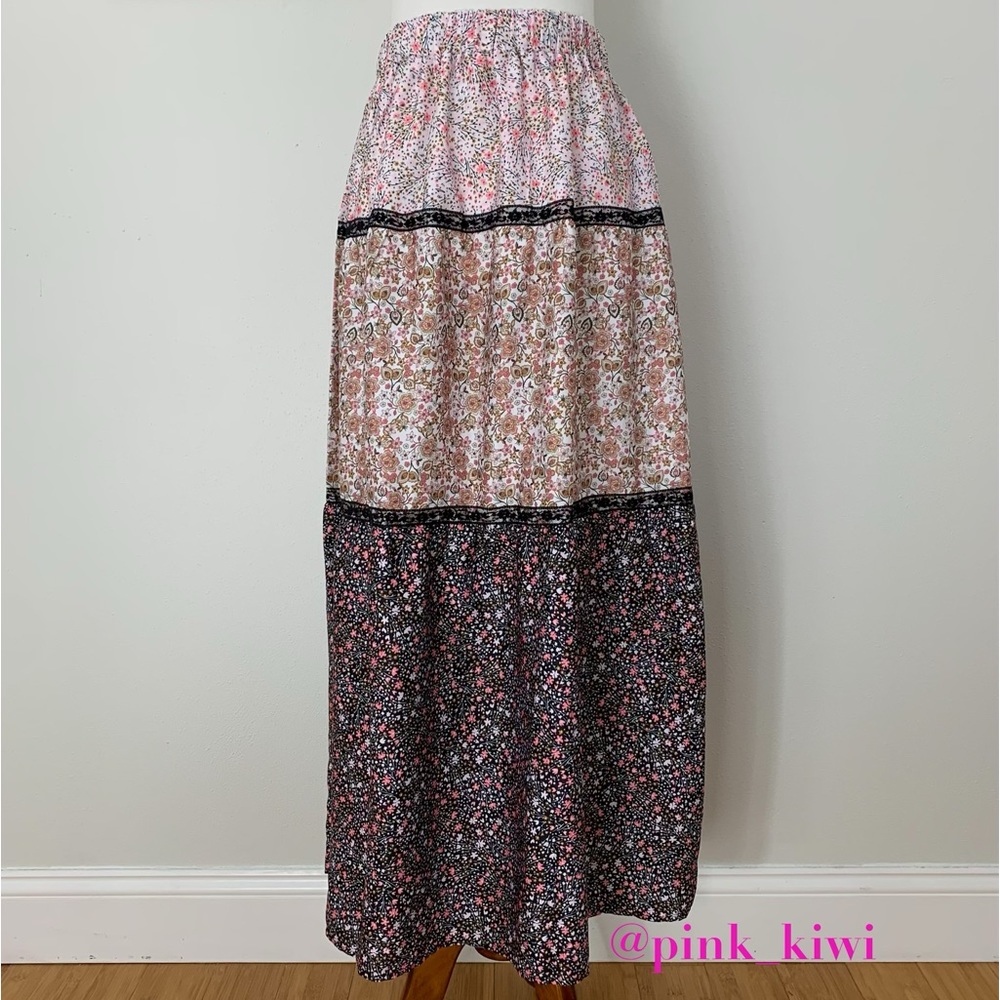 H Halston Floral and Lace Washed Satin Maxi Skirt